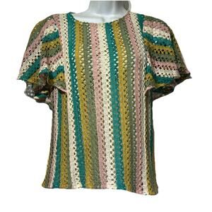 Eva Franco Crochet Open Knit Short Sleeve Blouse Top Shirt Size S